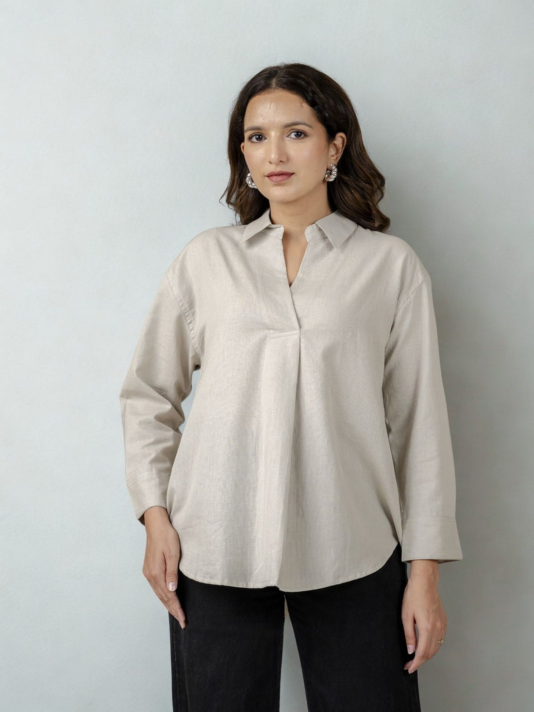 Light Grey & White Airy Linen Pleated Cotton Tops