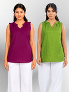 Magenta & Mehndi Viscose Gathered Neckline Tops Combo