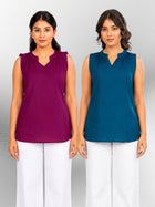 Magenta & TealBlue Viscose Gathered Neckline Tops Combo