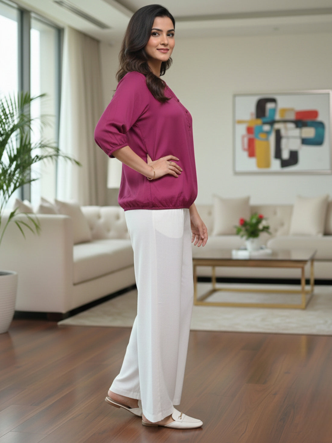 Magenta Viscose Elastic Waist Tops