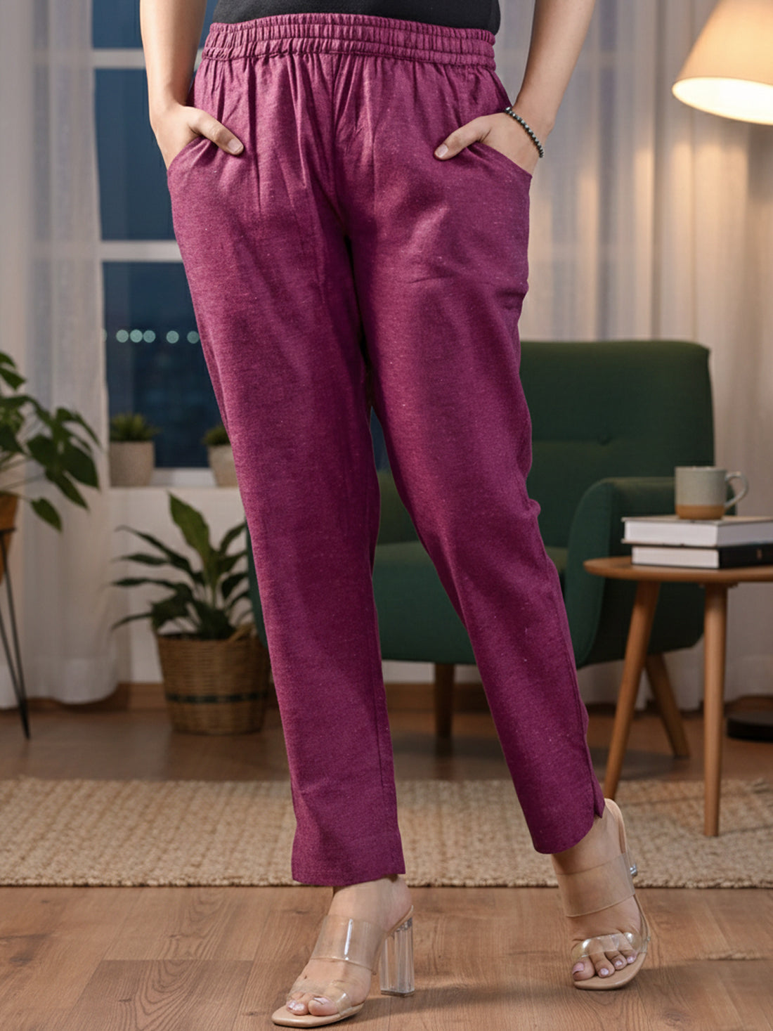 Maroon Handloom Cotton Round Elastic Trousers