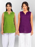 Mehndi & Purple Viscose Gathered Neckline Tops Combo