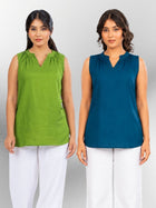 Mehndi & TealBlue Viscose Gathered Neckline Tops Combo