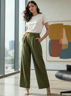 Mehendi Green Relaxed Fit Wide Leg Pants - Pure Cotton