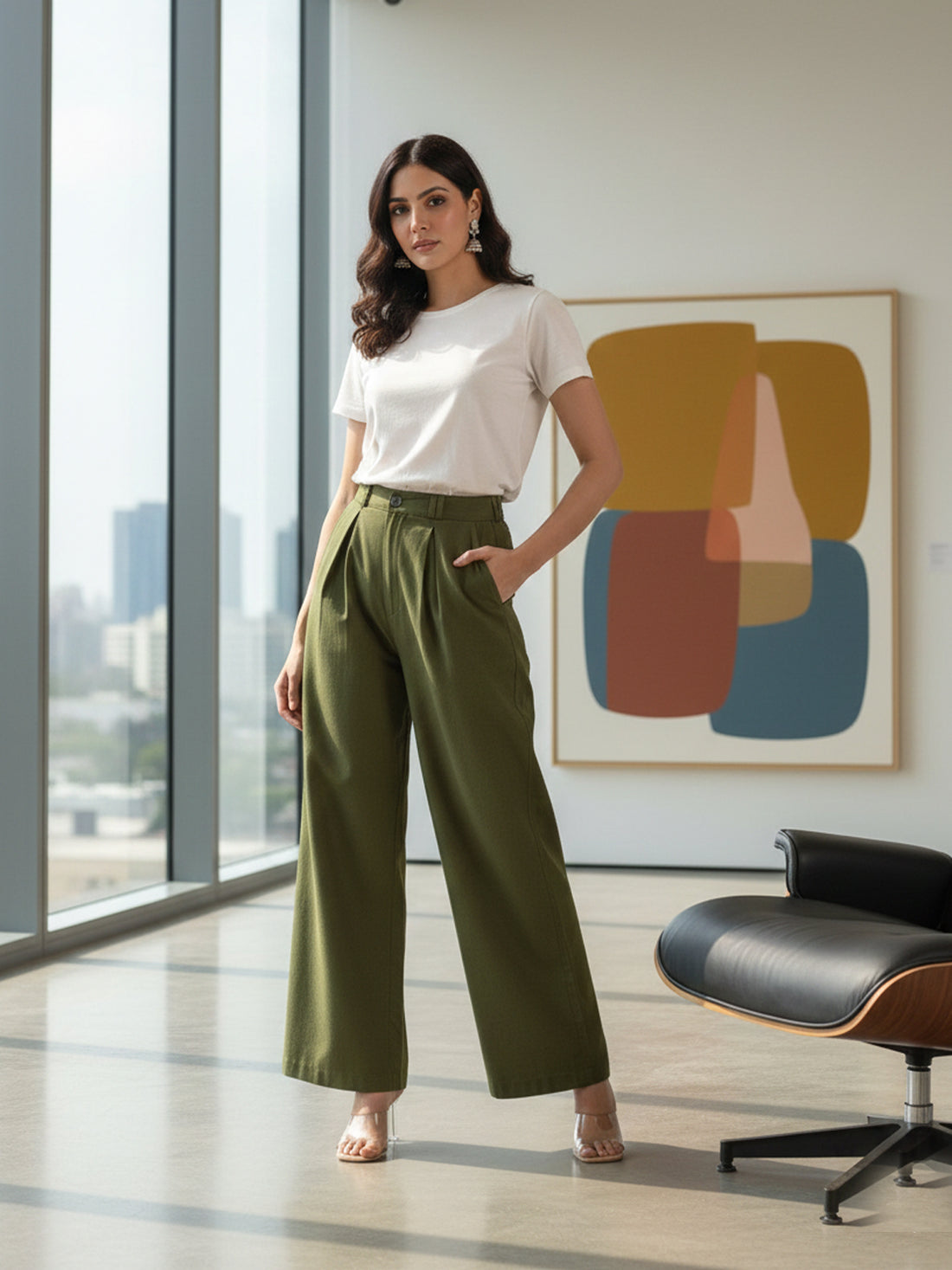 Mehendi Green Relaxed Fit Wide Leg Pants - Pure Cotton