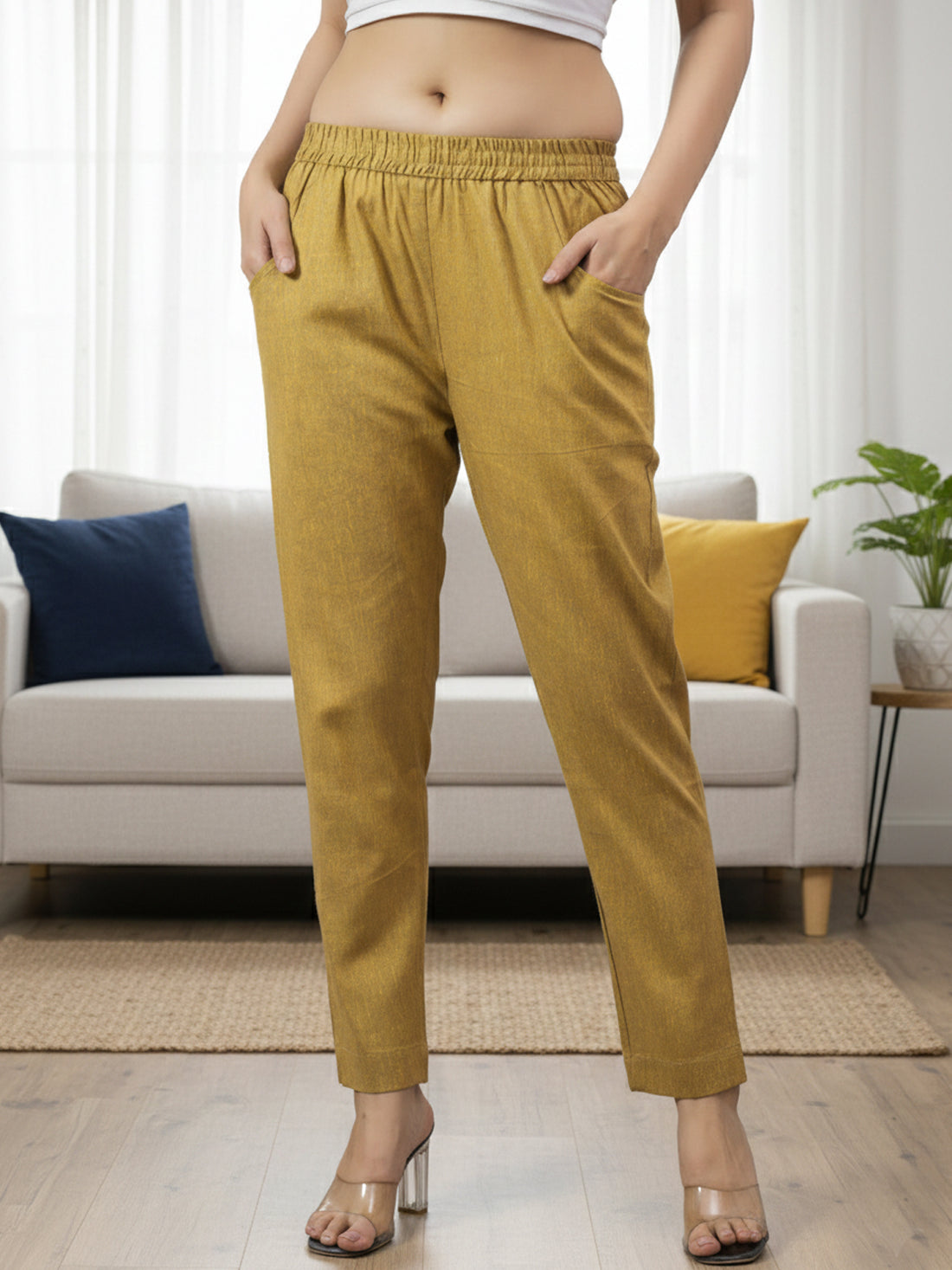 Mustard Handloom Cotton Round Elastic Trousers