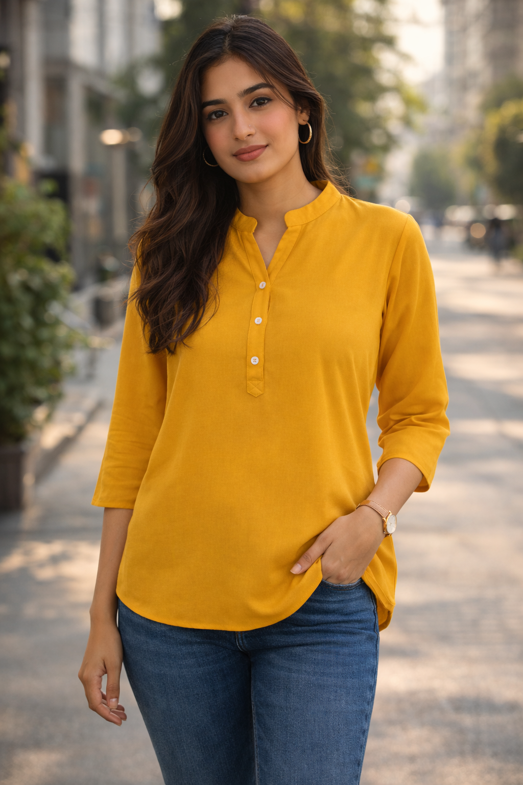 Mustard Viscose Regular Fit Tops