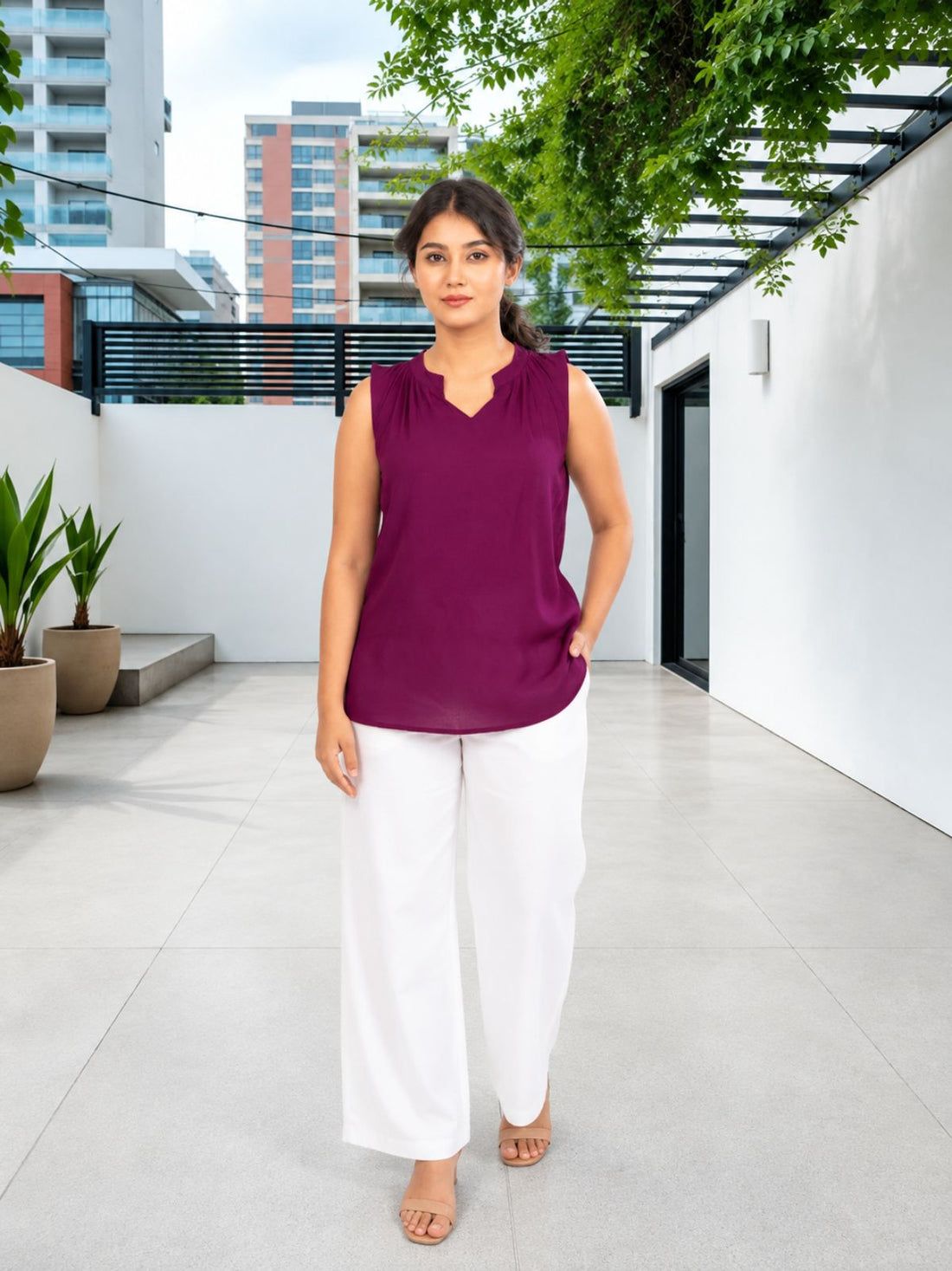 Magenta Viscose Gathered Neckline Tops