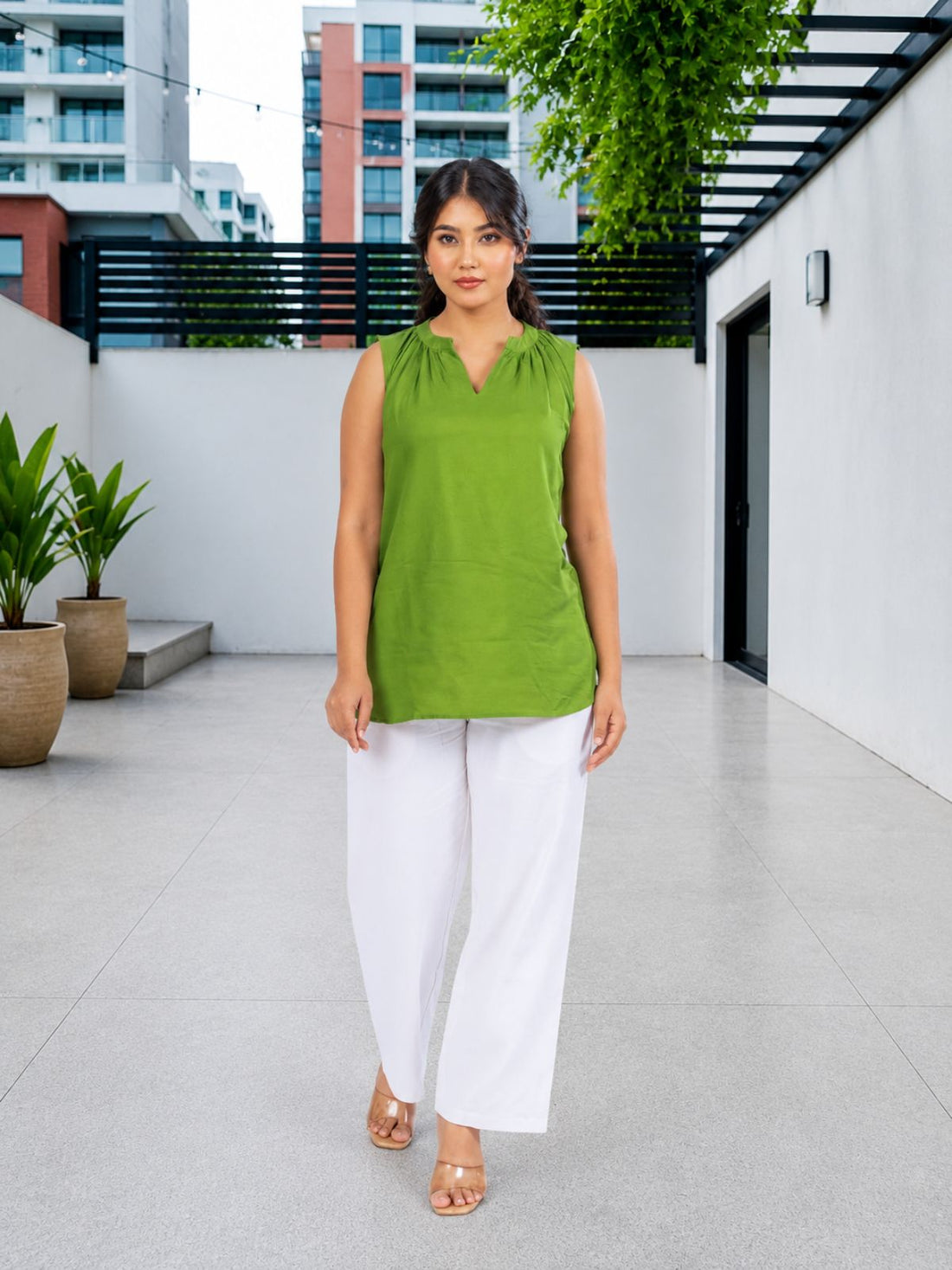 Mehndi Viscose Gathered Neckline Tops