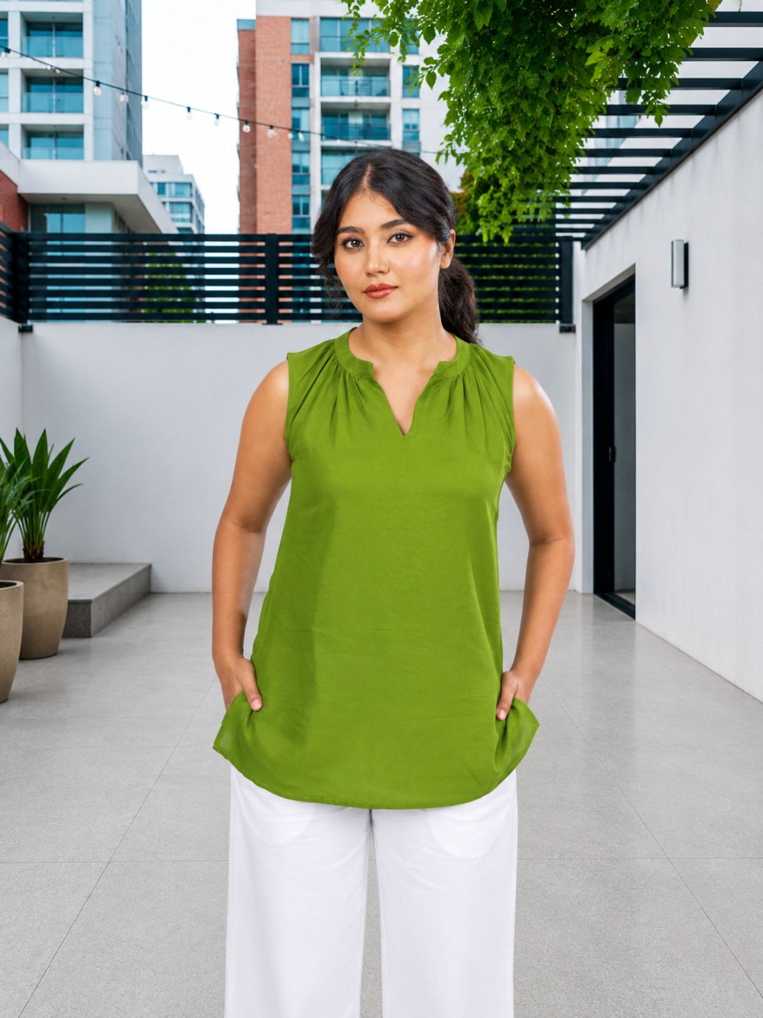Mehndi & TealBlue Viscose Gathered Neckline Tops Combo