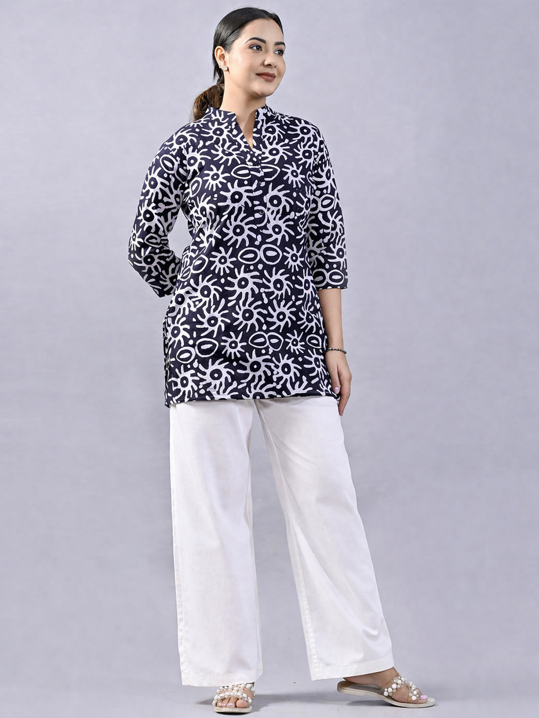 NavyBlue Cotton Block Print Short Kurti