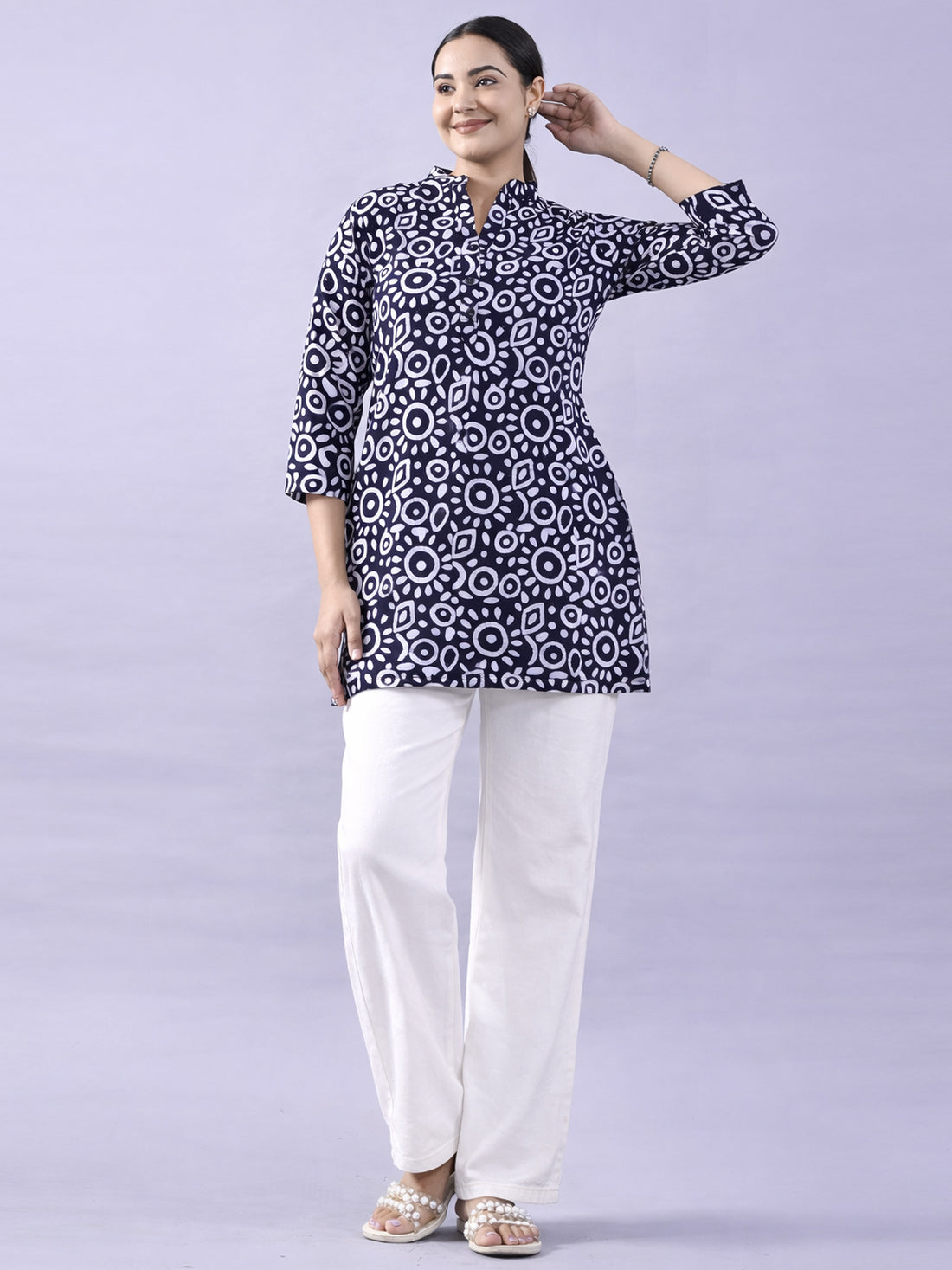 NavyBlue Cotton Block Print Short Kurti