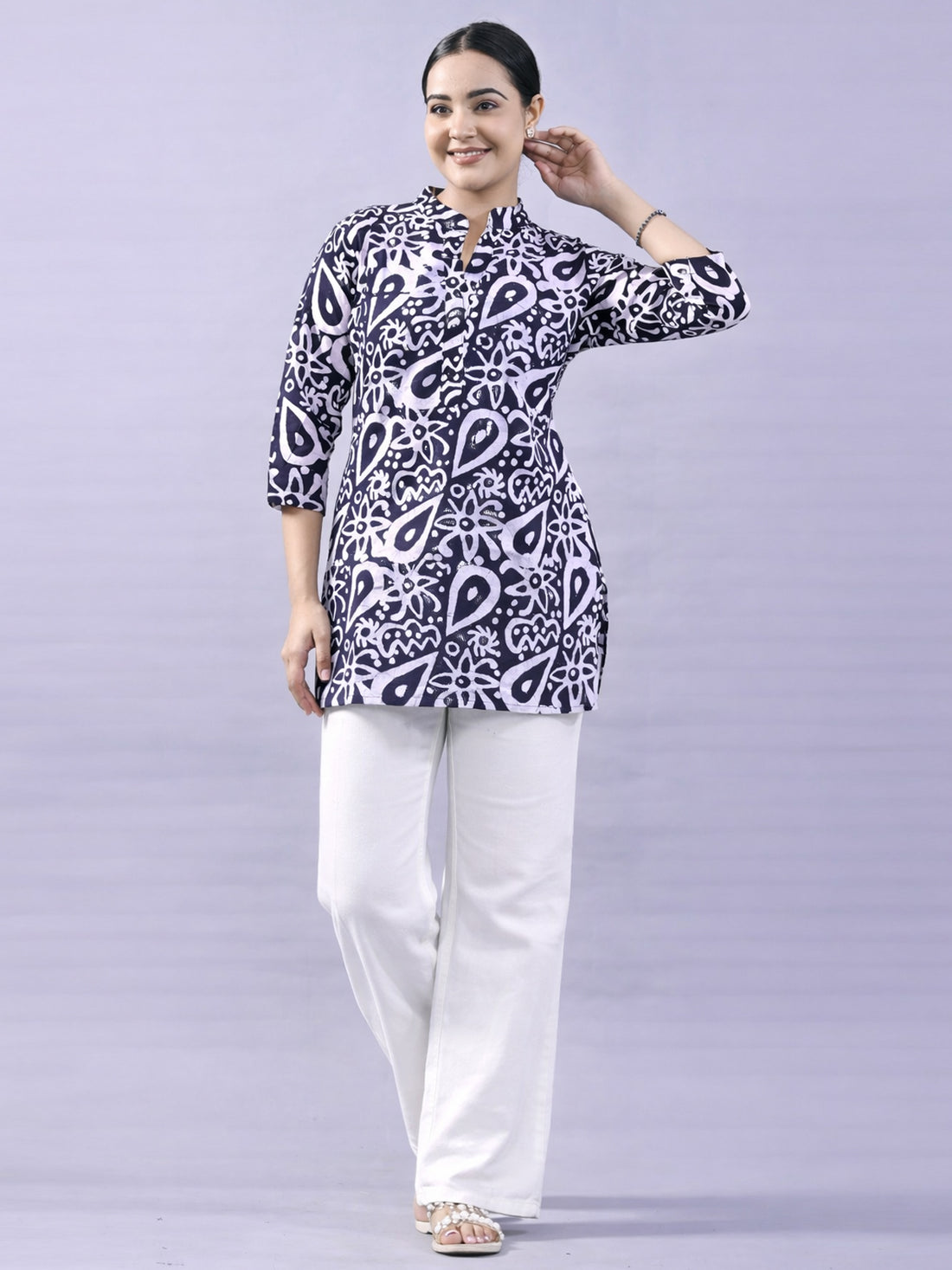 NavyBlue Cotton Block Print Short Kurti