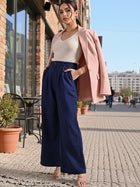 Navy Blue Relaxed Fit Wide Leg Pants - Pure Cotton