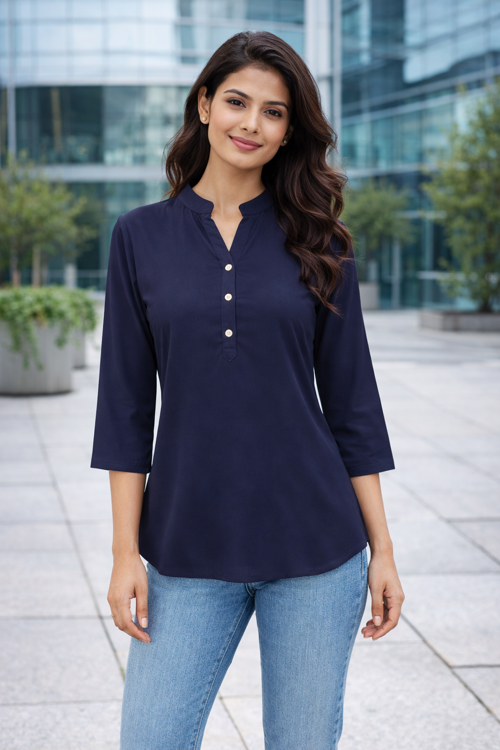 Navy Blue Viscose Regular Fit Tops