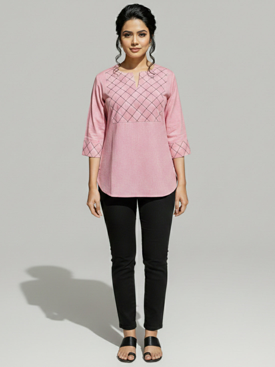 Bundle of 2 Pink & SkyBlue Cotton Handloom Yoke Design Top