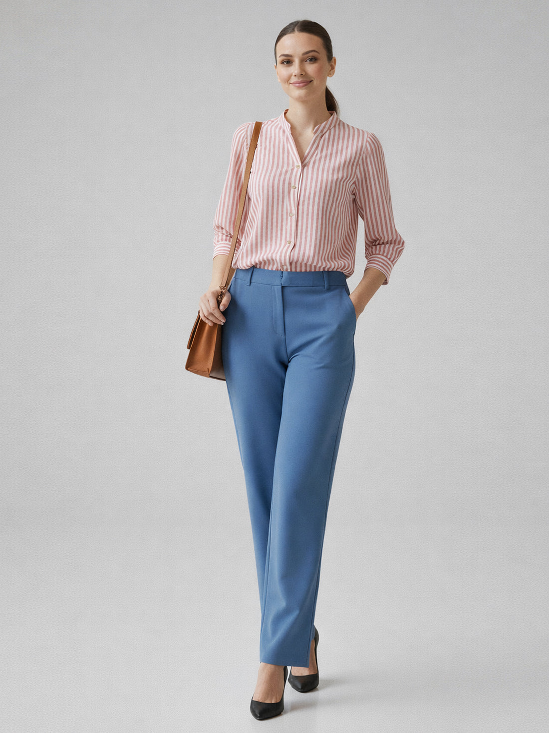 Bundle Of 2 Elegant Pink & Brown Small Stripe Shoulder-Pleat Shirt