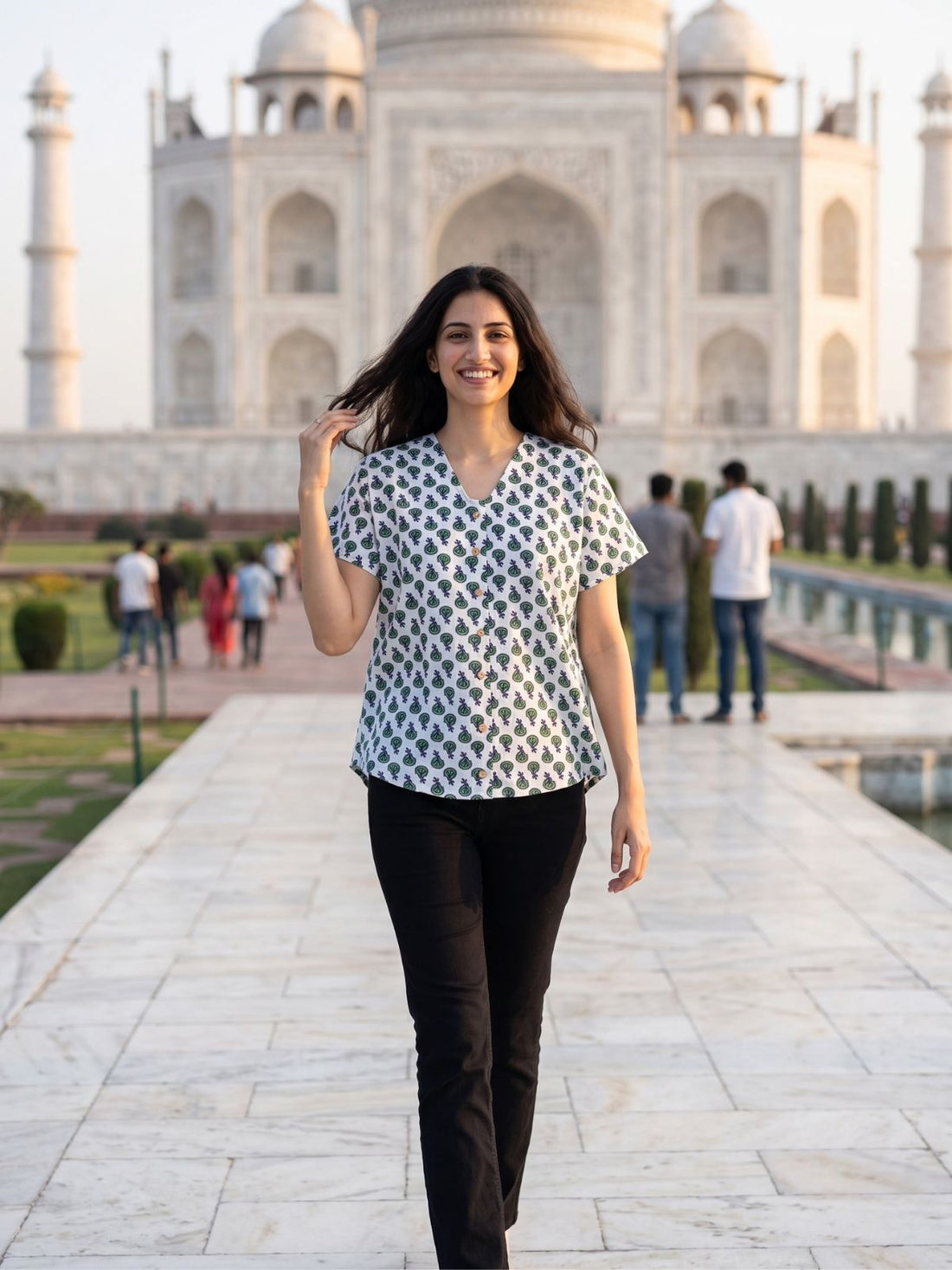 Jaipuri Green Butti Printed Cotton Top-01