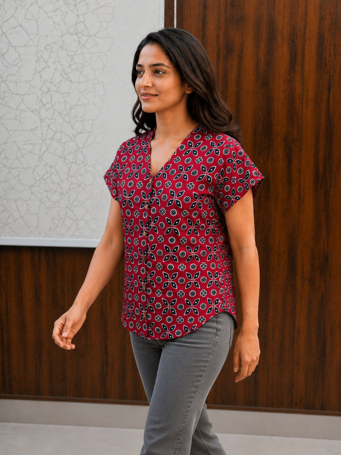 Jaipuri Maroon Printed Cotton Top-013