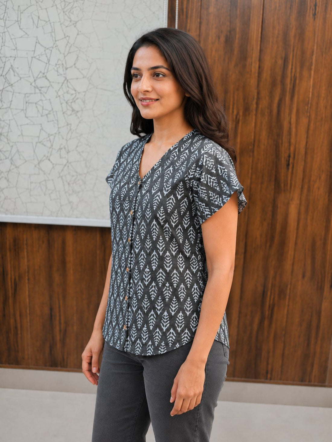 Jaipuri Dark Grey Printed Cotton Top-015