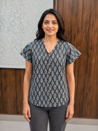 Jaipuri Dark Grey Printed Cotton Top-015