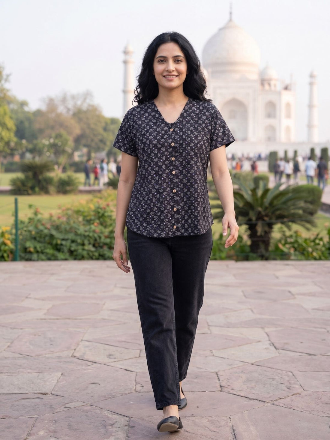 Jaipuri Dark Brown Printed Cotton Top-03
