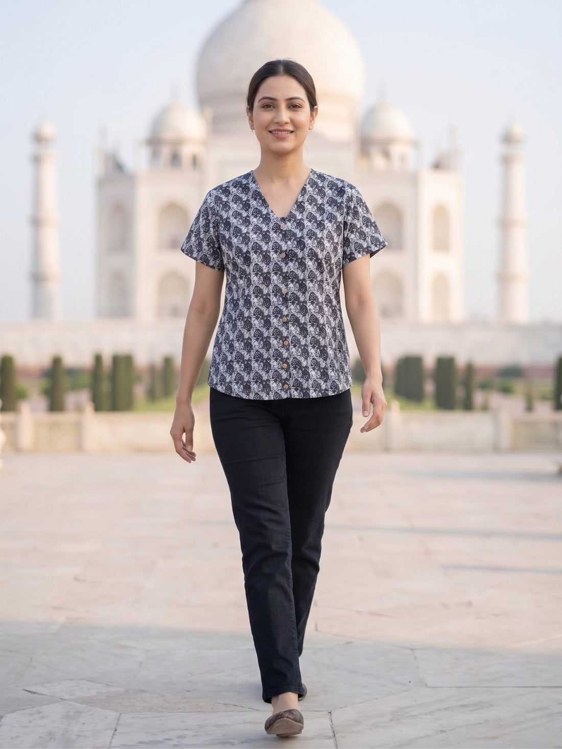 Jaipuri Black & White Printed Cotton Top-04