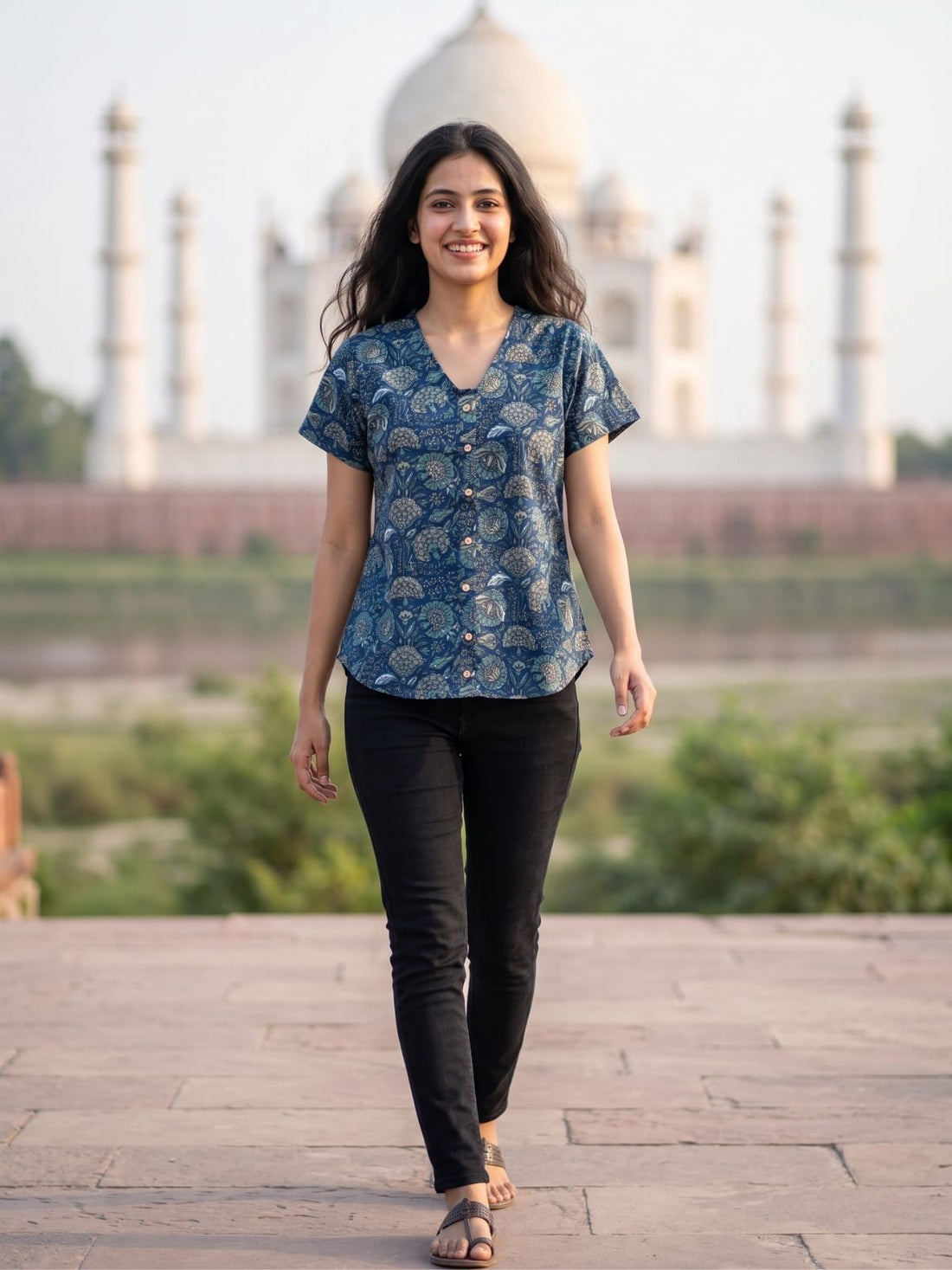 Jaipuri Blue Printed Cotton Top-06