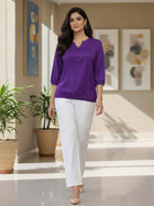 Purple Viscose Elastic Waist Tops