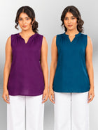 Purple & TealBlue Viscose Gathered Neckline Tops Combo