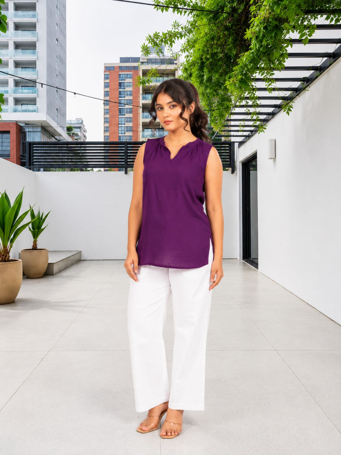Purple Viscose Gathered Neckline Tops