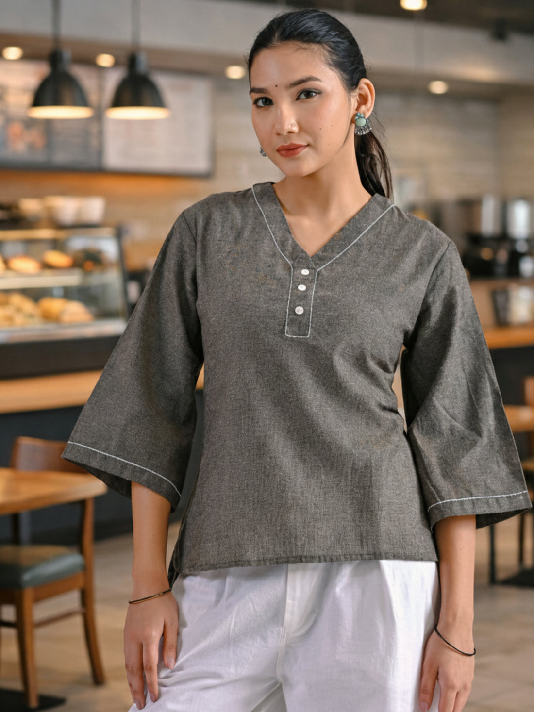 Biscuit Handloom Cotton Anchor Thread Designer Top