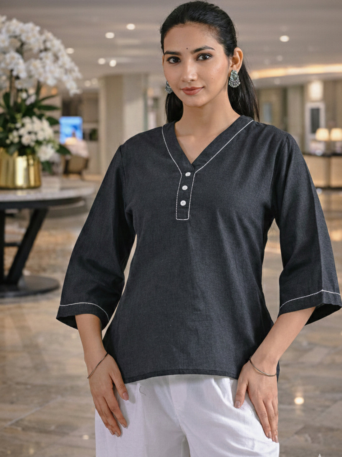 Black Handloom Cotton Anchor Thread Designer Top