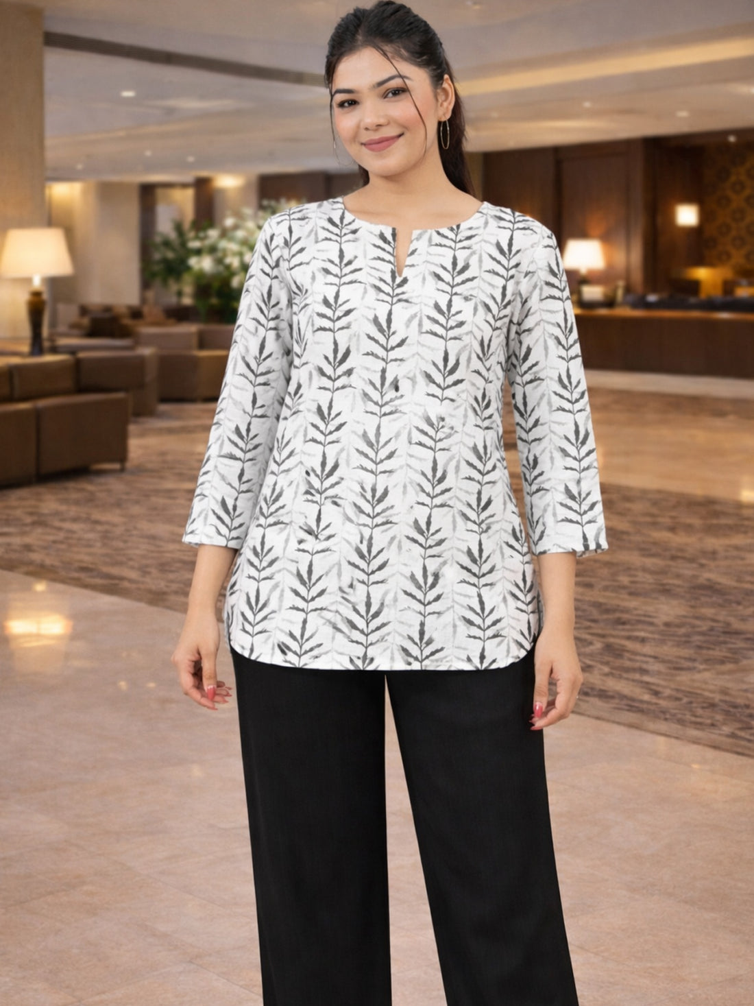 Black Handloom Cotton Leaf Printed Tops