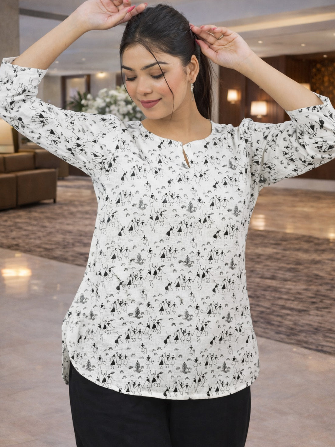 Black Handloom Cotton Vactor Printed Tops