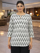 Black Handloom Cotton Zig-Zag Printed Tops