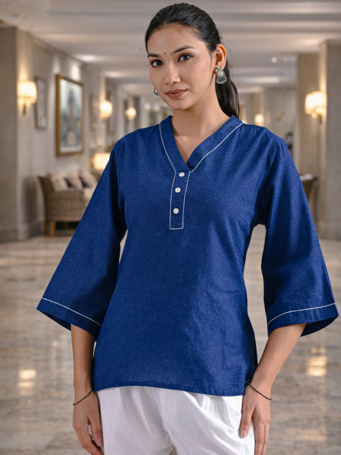 Blue Handloom Cotton Anchor Thread Designer Top