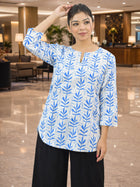 Blue Handloom Cotton Leaf Printed Tops