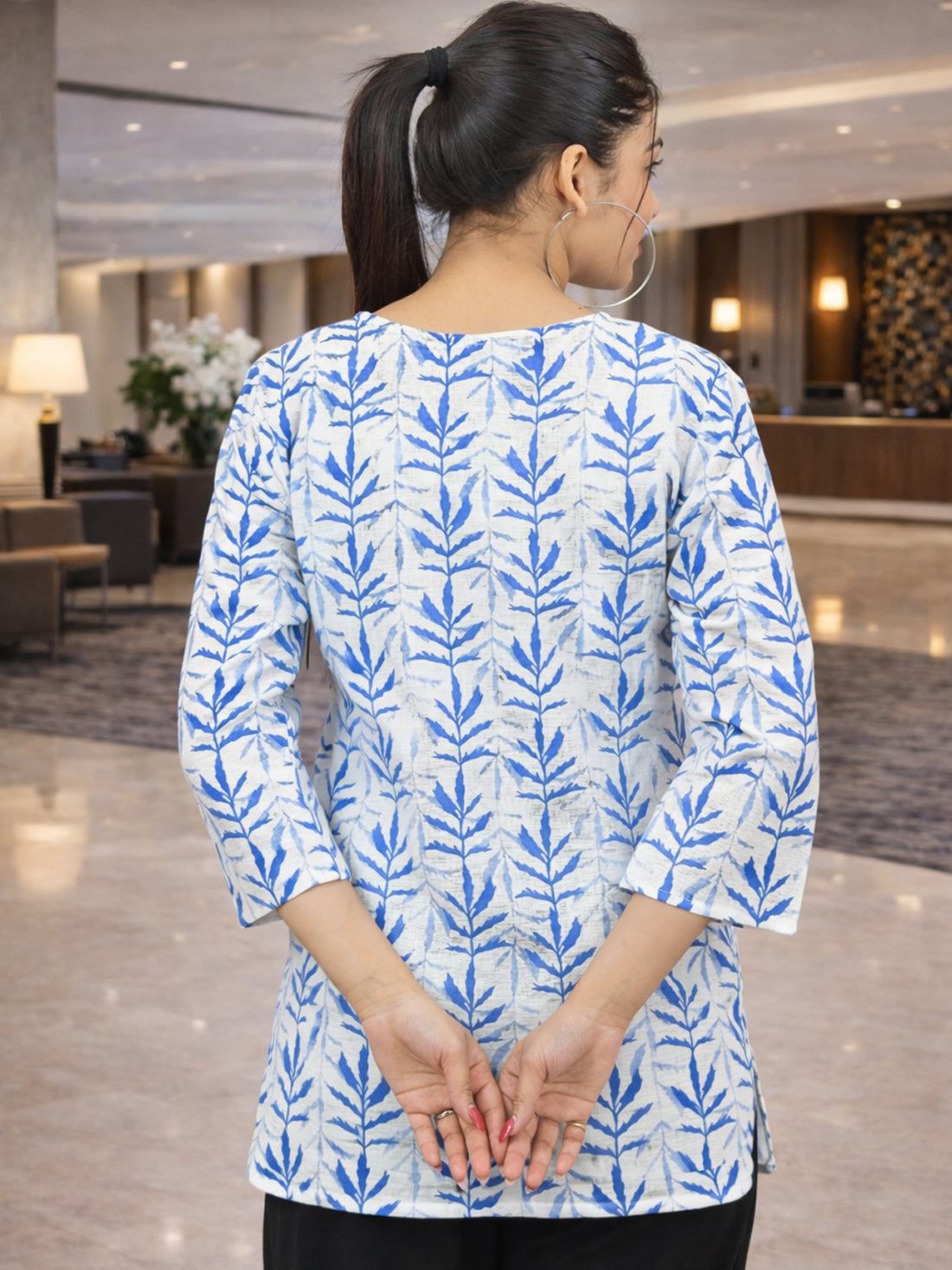 Blue Handloom Cotton Leaf Printed Tops