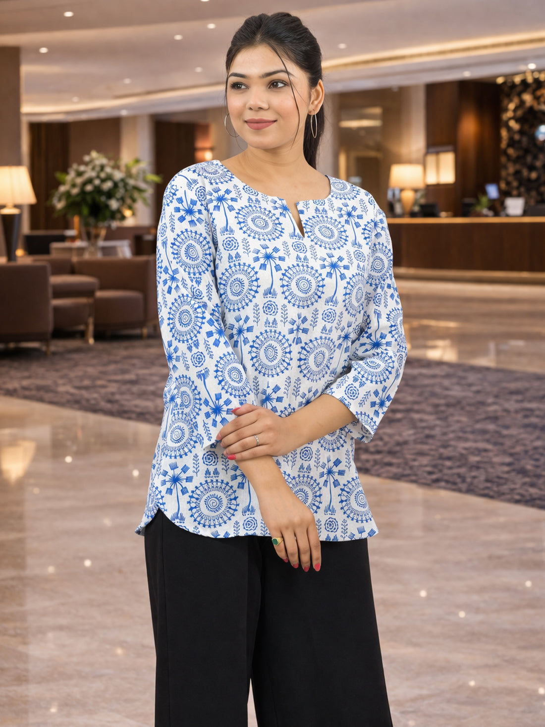 Blue Handloom Cotton Tribal Printed Tops