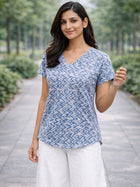 Blue Airy Linen Cotton Zig-Zag Everyday Wear Top