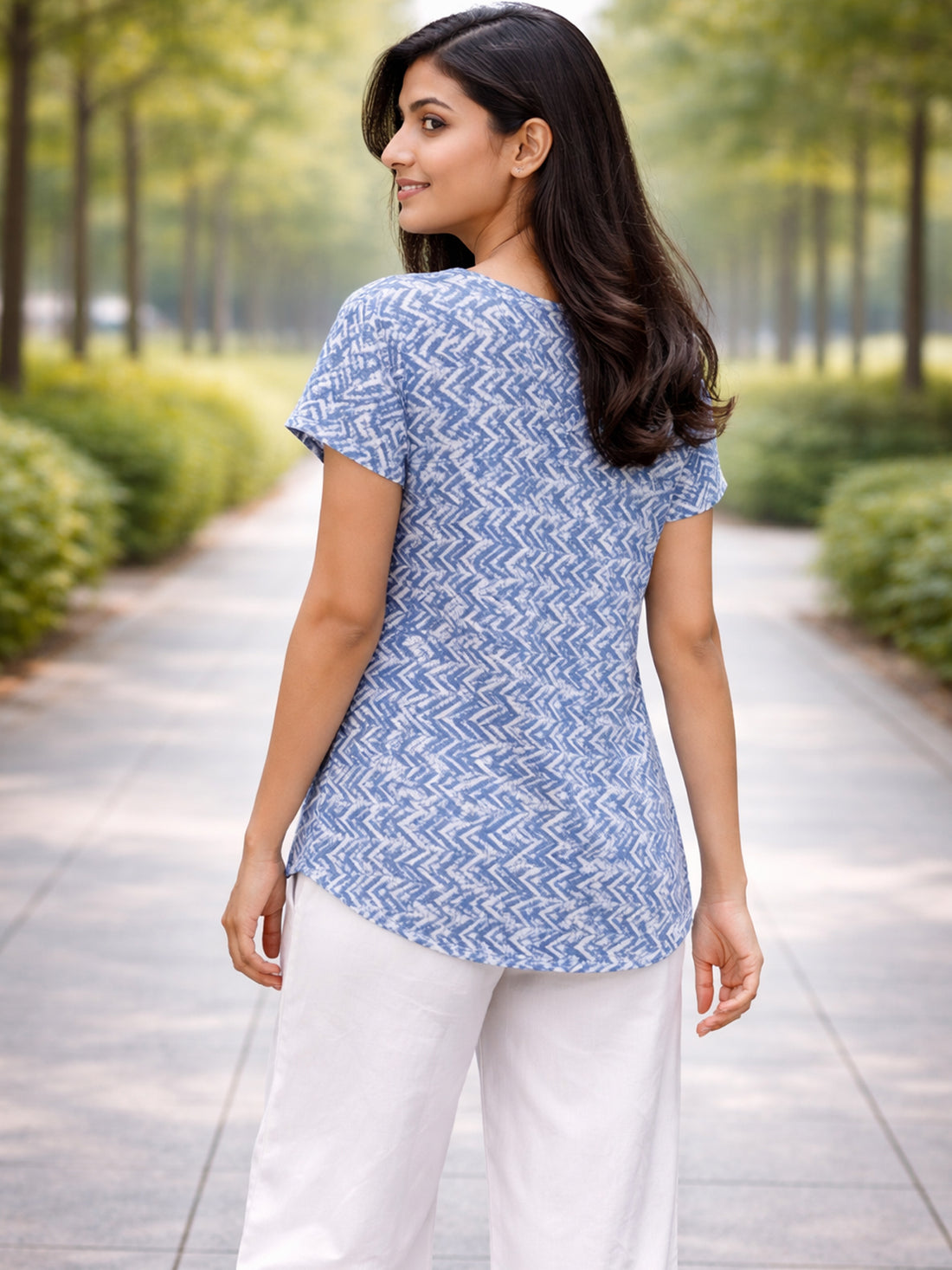 Blue Airy Linen Cotton Zig-Zag Everyday Wear Top