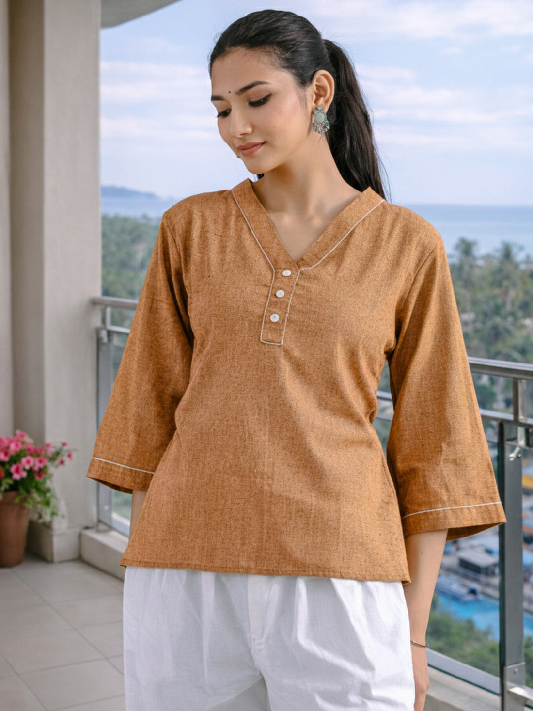 Brick Red Handloom Cotton Anchor Thread Designer Top