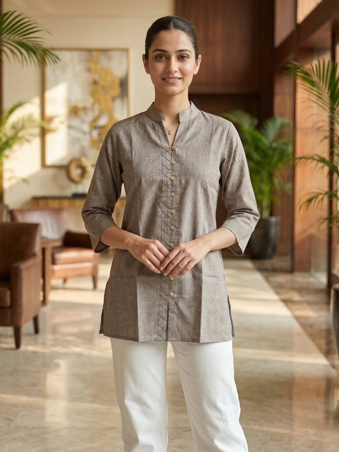 Brown Handloom Cotton Front-Slit Short Kurti for Women