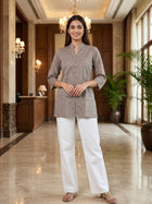 Brown Handloom Cotton Front-Slit Short Kurti for Women