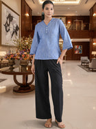 Denim Blue Handloom Cotton Anchor Thread Designer Top