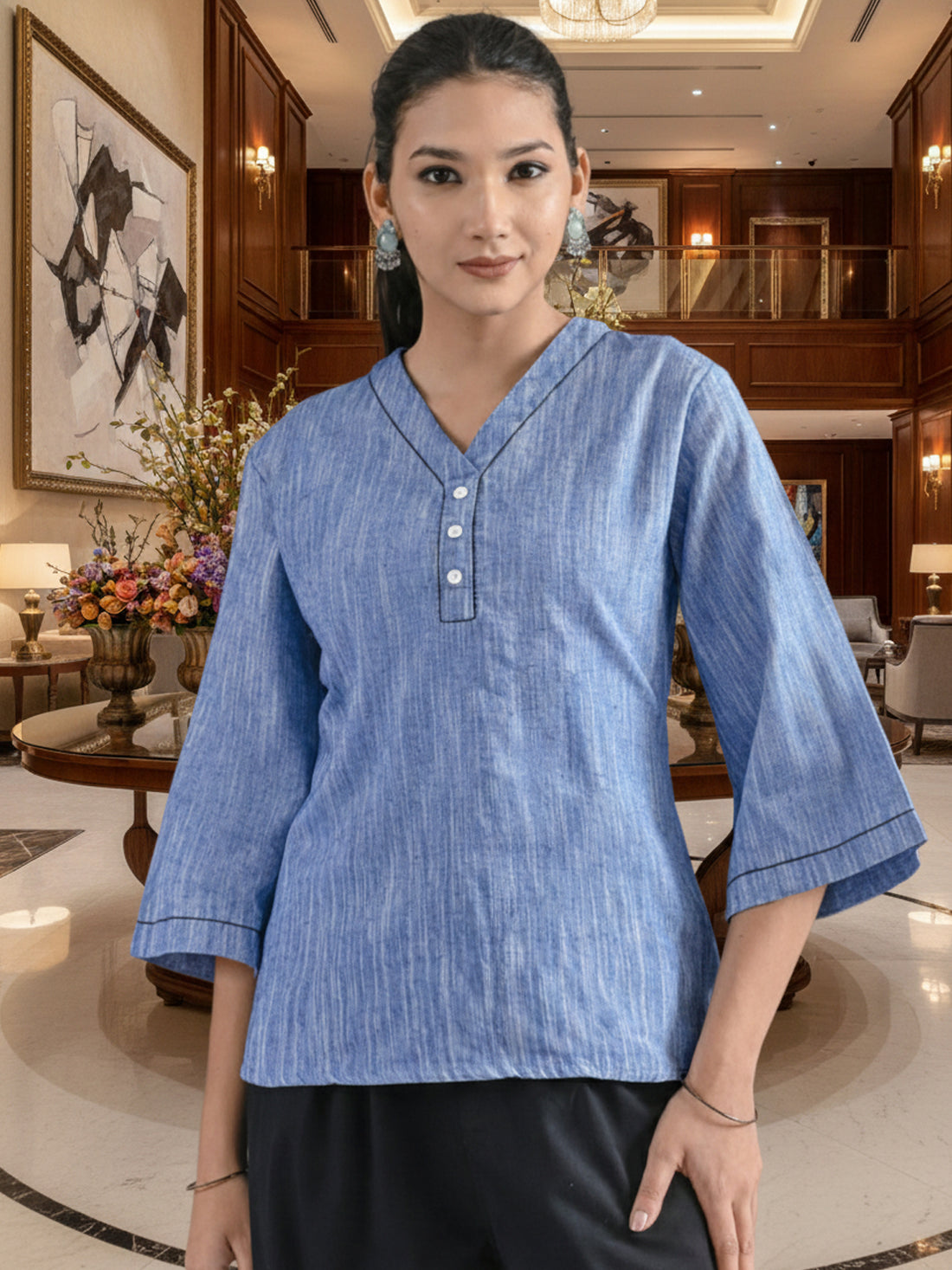Denim Blue Handloom Cotton Anchor Thread Designer Top