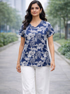 Dark Grey Airy Linen Cotton Floral Everyday Wear Top