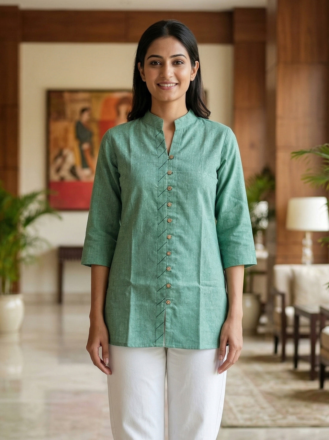 Green Handloom Cotton Front-Slit Short Kurti for Women