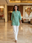 Green Handloom Cotton Front-Slit Short Kurti for Women